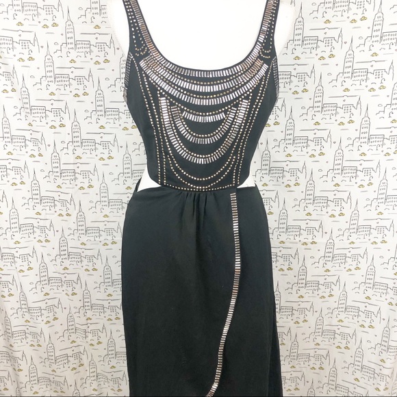 BEBE Embellished High Low Black Cutout Dress - Picture 2 of 7